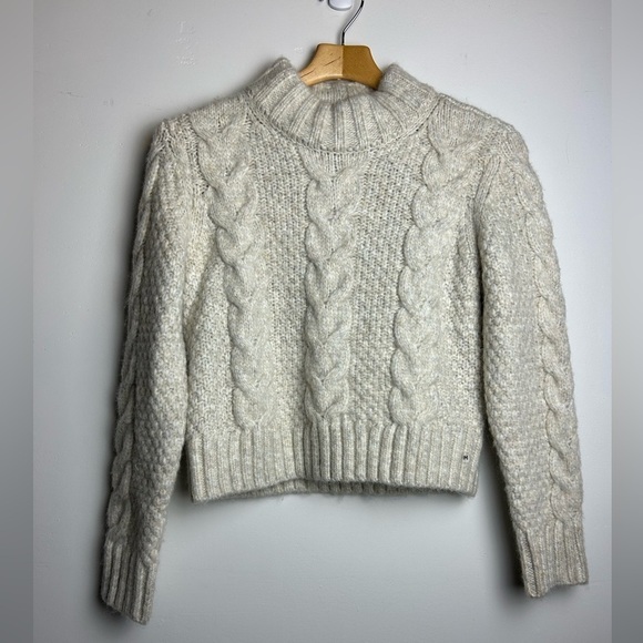 American Eagle M Cable Knit Crop Sweater Fisherman Wool Blend Neutral Turtleneck - Picture 1 of 11